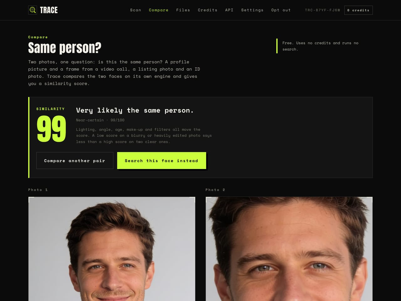 The compare screen in the Trace panel: two photos of the same person and a similarity score of 99, read as very likely the same person