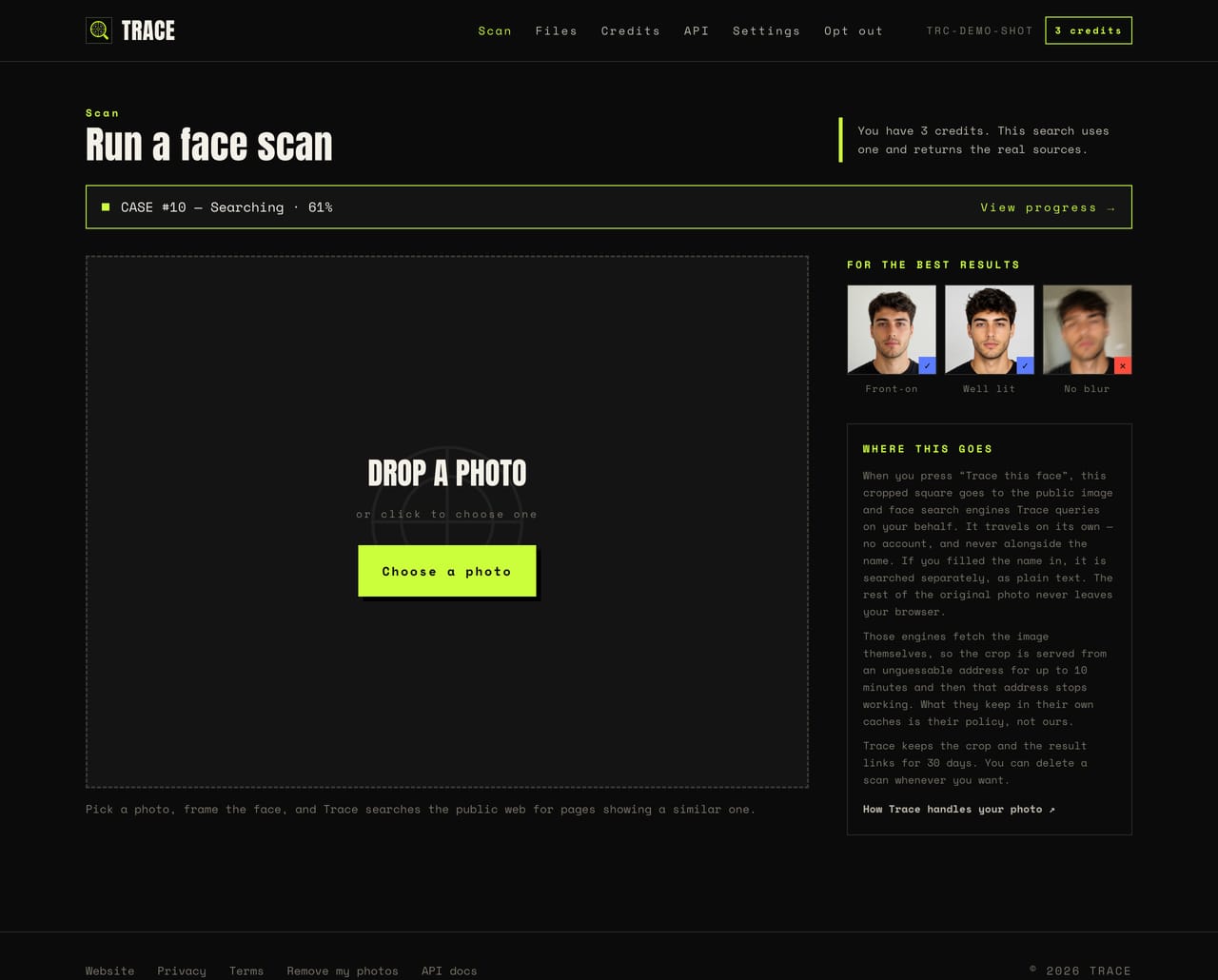 The cropping step in the Trace panel: selecting the face from an uploaded photo as a square for searching