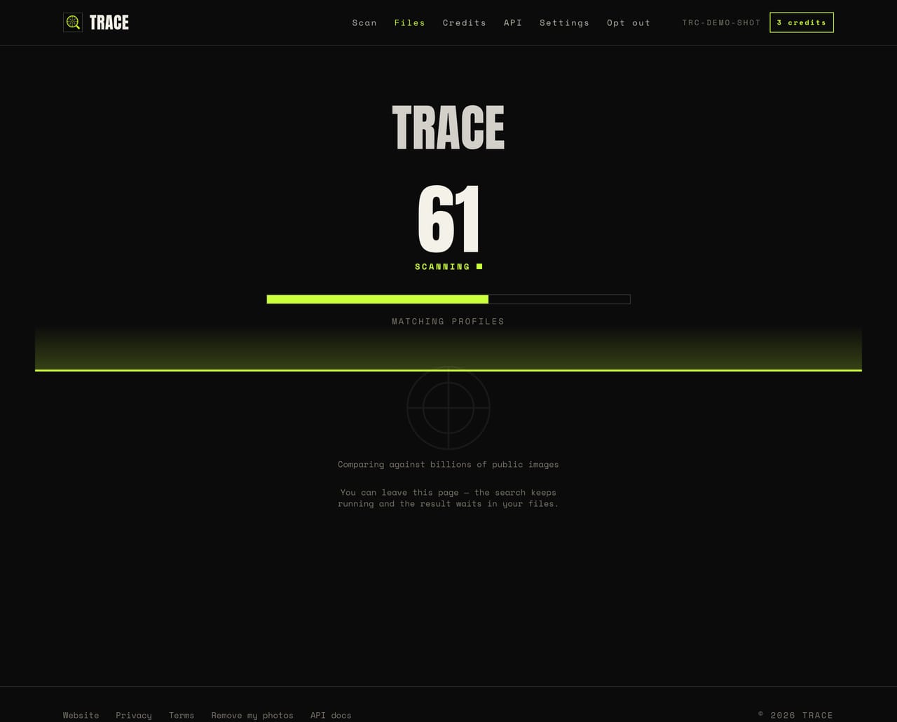 The Trace panel scanning: a large progress figure, an acid-green progress bar and the note that the search keeps running if you leave the page