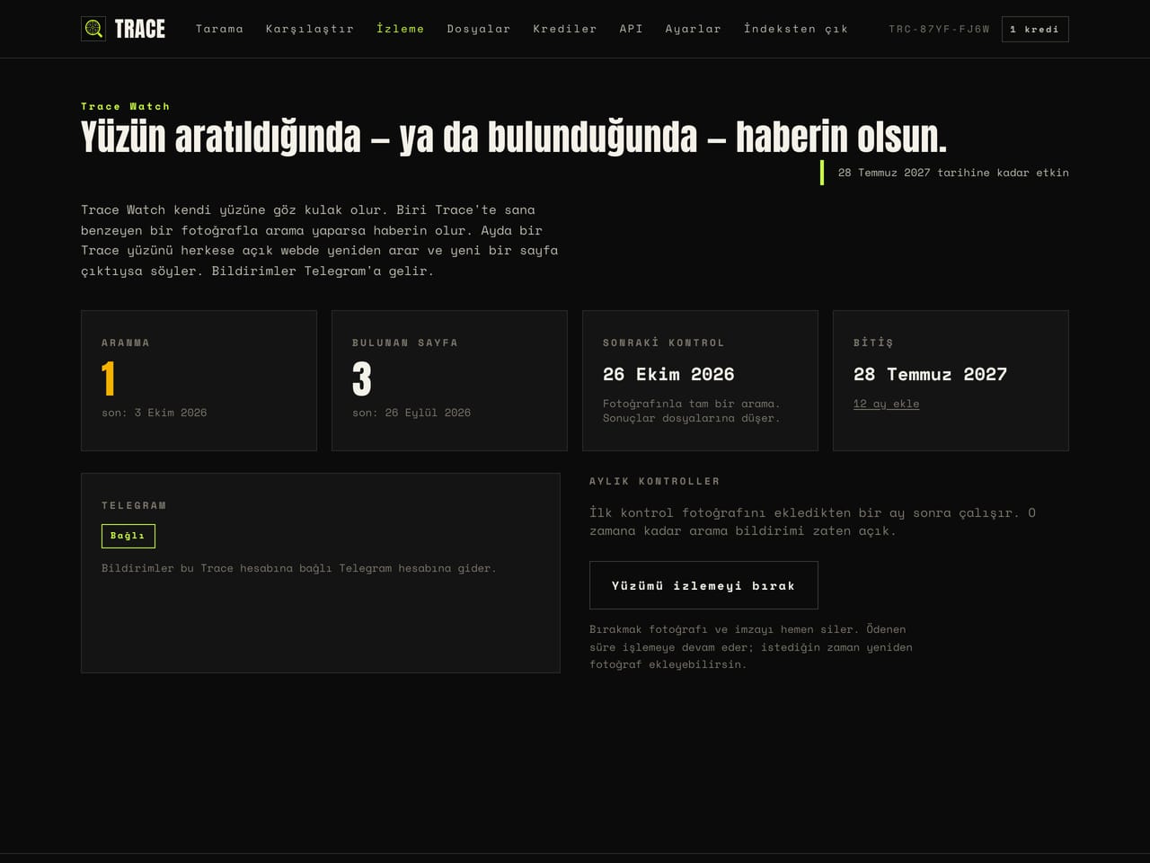 Trace panelinde Trace Watch ekranı: aranma sayısı, bulunan sayfa sayısı, sonraki aylık kontrolün tarihi ve bağlı görünen Telegram