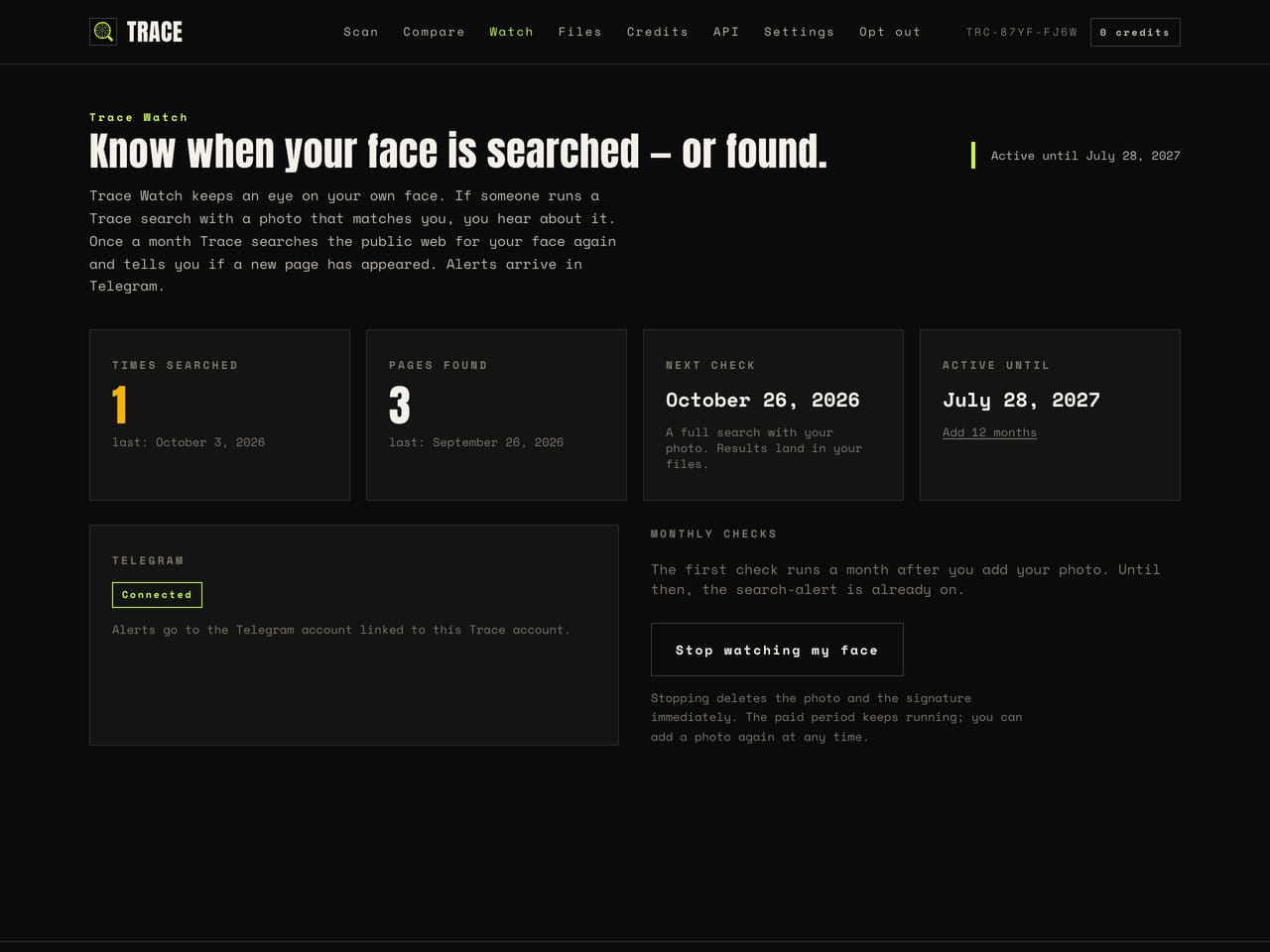The Trace Watch screen in the panel: times searched, pages found, the date of the next monthly check, and Telegram shown as connected